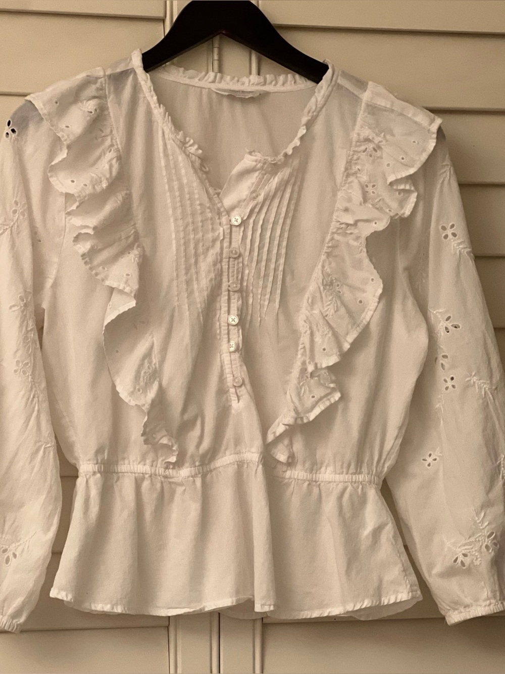 White Eyelet Ruffle Pintuck Peasant Blouse Cottagecore Top, Size Medium